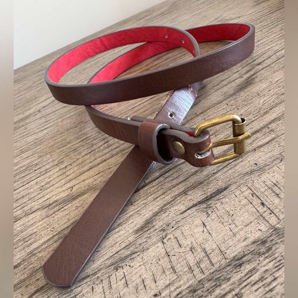 Chocolate Brown Leather Belt Skinny Gold Buckle - Picture 5 of 11